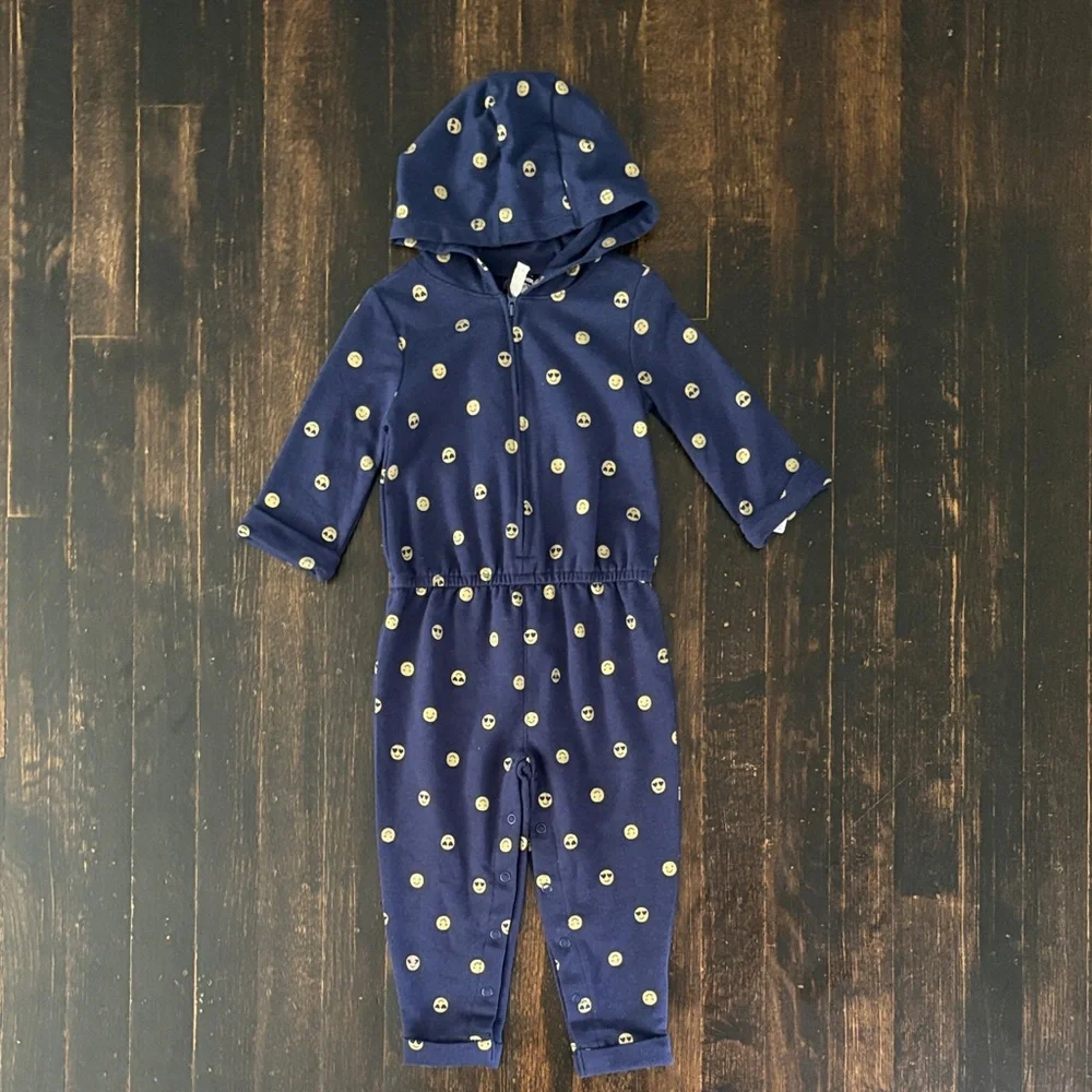 Carter’s Navy Blue Emoji Smiley Face Hooded Zip Jumpsuit